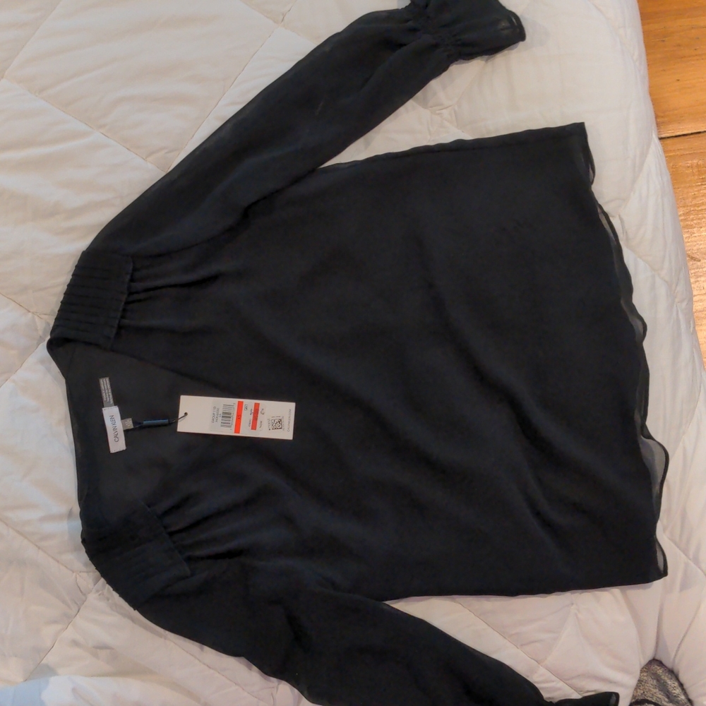 Calvin Klein black blouse with sheer sleeves